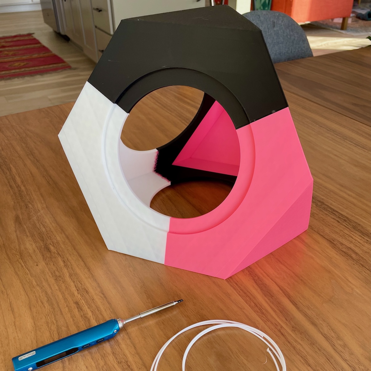 The assembled 3D-printed subwoofer.