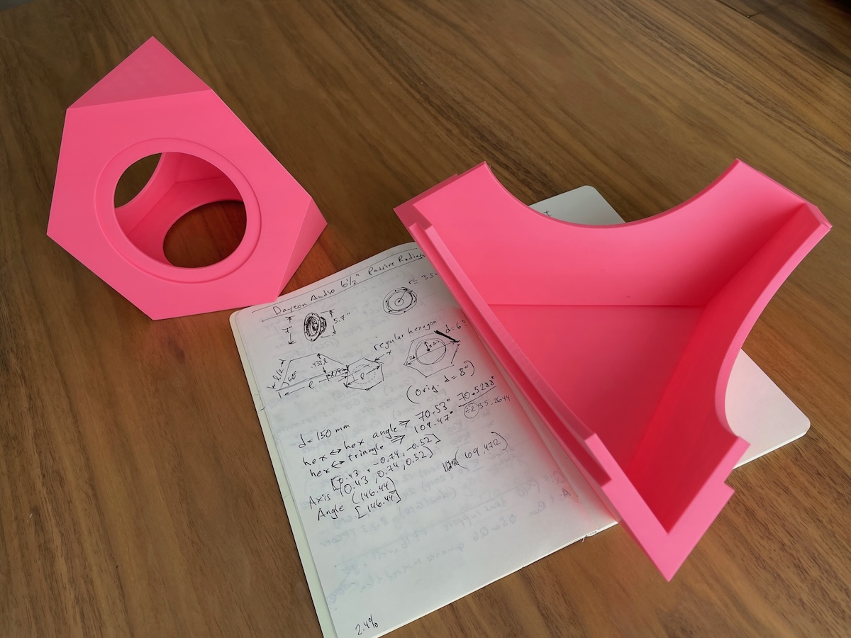 Scaled down print of the subwoofer chassis and one-quarter of the full-sized one.