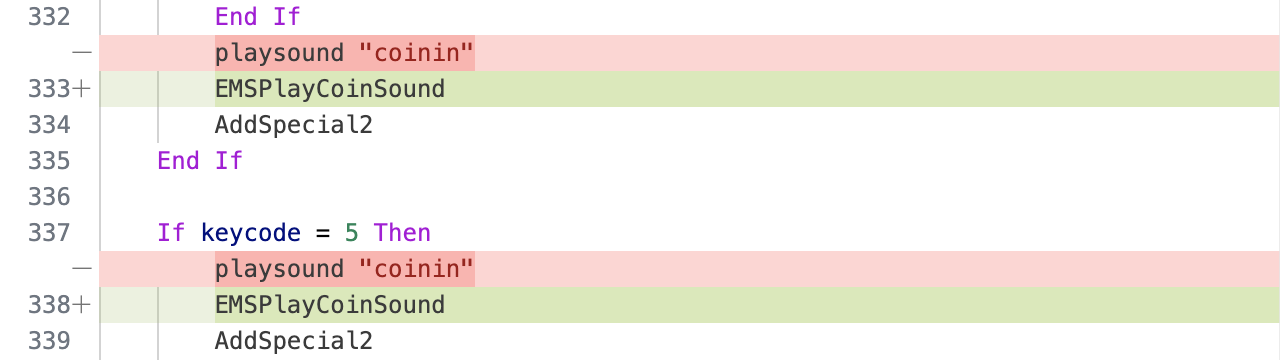 Diff showing sound code changes.