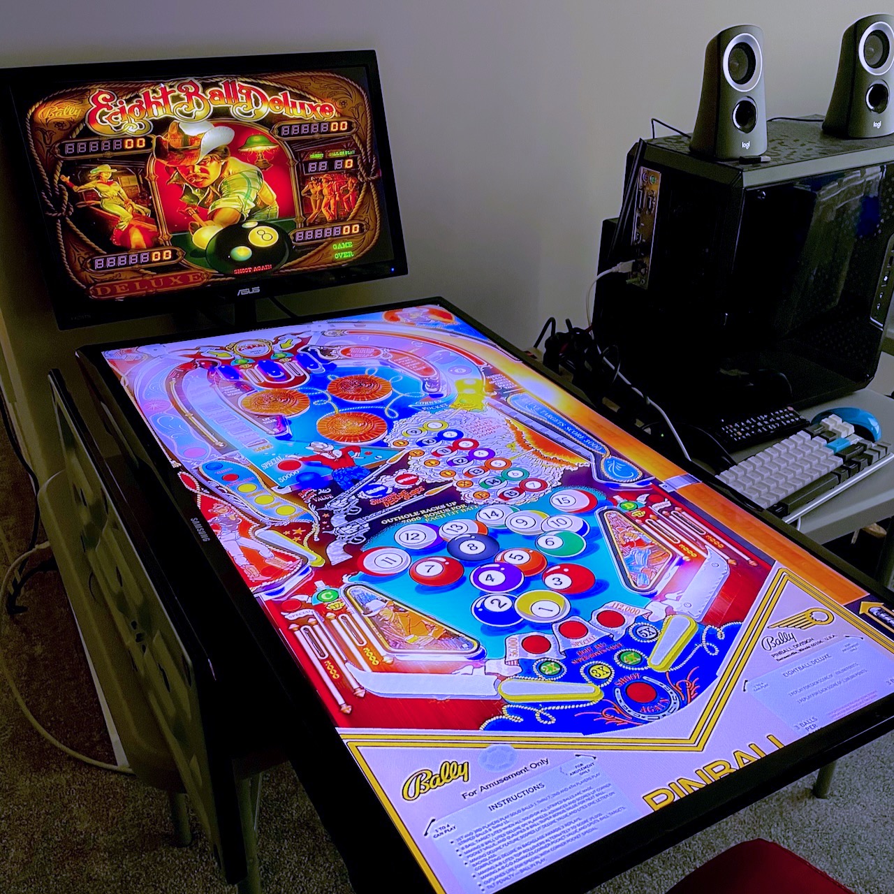 Simple virtual pinball setup with TV on its back.