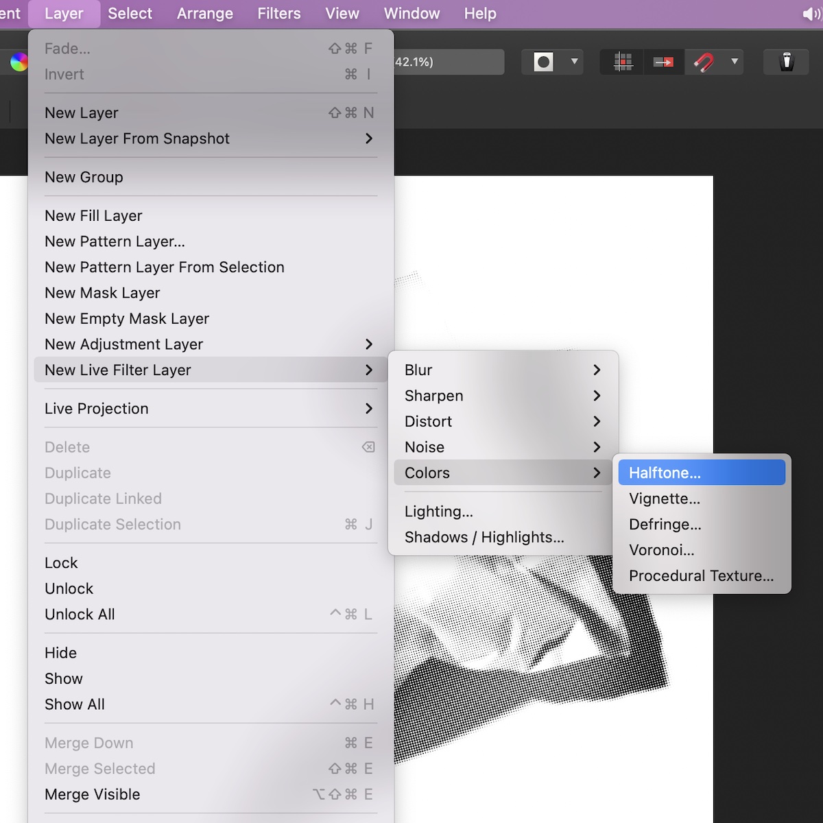 Menus in Affinity Photo.