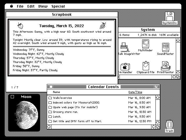 SystemSix display showing weather, calendar and moon.